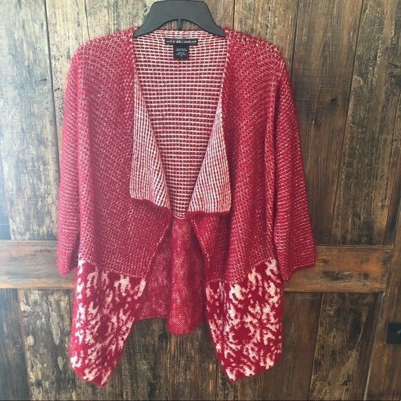 Cardigan Sz M Red Open Knit Wide Warm Work Casual Collar Striped - Picture 2 of 8
